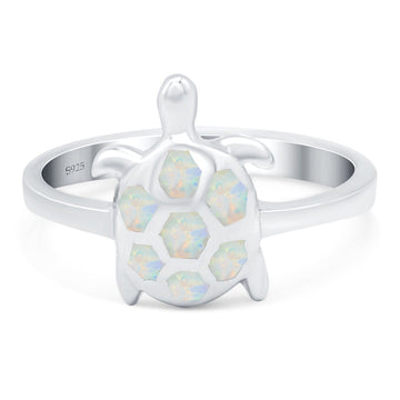 Turtle Ring Band Lab Created White Opal 925 Sterling Silver (14mm)
